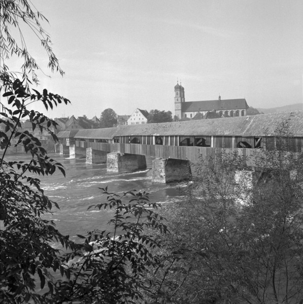 Roofed wooden bridge over the Rhine; 1953