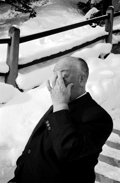 Alfred Hitchcock at the lake St. Moritz in 1967