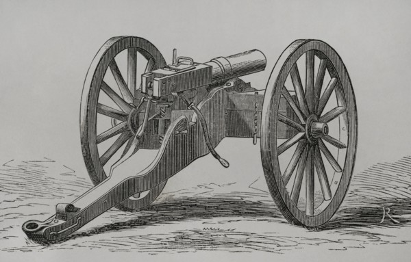 Christophe-Montigny Mitrailleuse. Hand-crank operated. It was developed by the Belgian arms factory