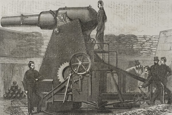 Moncrieff 7-ton gun carriage. Engraving. ""Historia de la Guerra de Francia y Prusia"" (History of