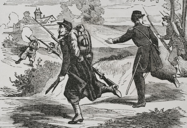 Franco-Prussian War (1870-1871). French army. Light infantry wearing field uniform. Engraving.