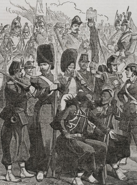 French army uniforms in 1870. Engraving. ""Historia de la Guerra de Francia y Prusia"" (History of