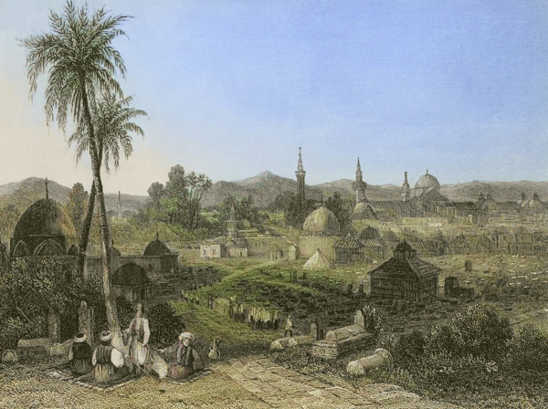 Damascus. Engraving by Ransonnette. Later colouration. ""La Tierra Santa y los lugares recorridos