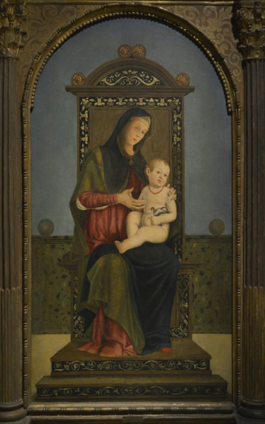 Filippo Mazzola (1460-ca. 1505). Italian painter. Virgin and Child on the throne. Detail of the