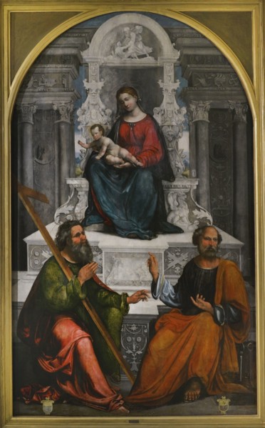 Ludovico Mazzolino (1480-ca. 1528). Italian painter. Virgin and Child on the throne with Saint
