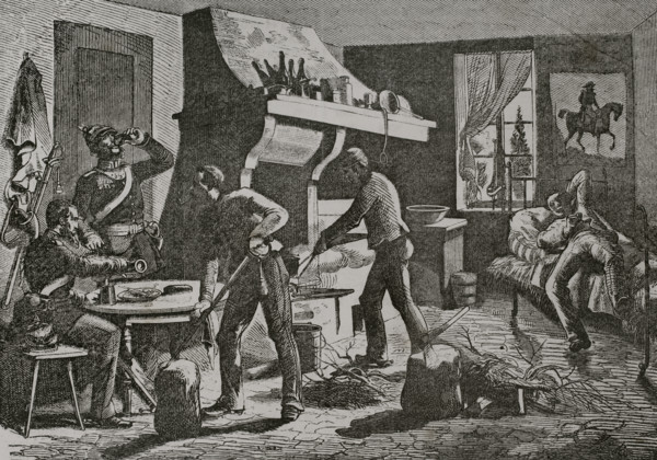 Franco-French War (1870-1871). Prussian soldiers housed in France. Engraving. ""Historia de la