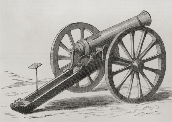 French Mitrailleuse. Back view. Engraving. ""Historia de la Guerra de Francia y Prusia"" (History