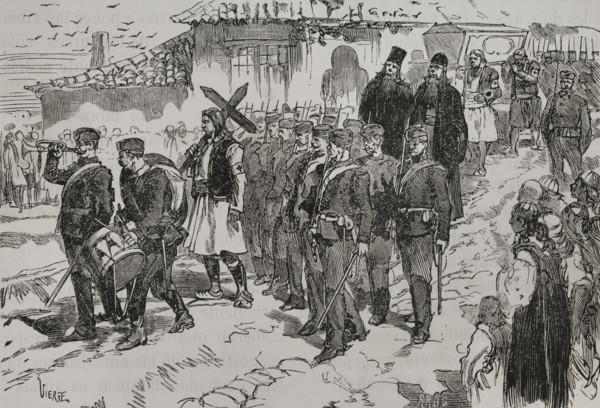 Russo-Turkish War (1877-1878). Burial of a Serbian volunteer. Engraving by Vierge. ""La Guerra de