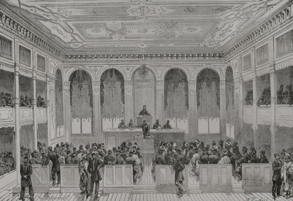 Istanbul, Turkey. A session of the Turkish Parliament. Engraving by Roch-Regnier. ""La Guerra de
