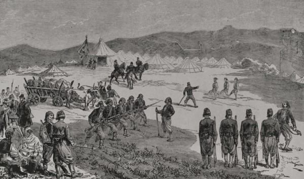 Russo-Turkish War (1877-1878). Volunteers' camp on the heights of Constantinople. Engraving. ""La