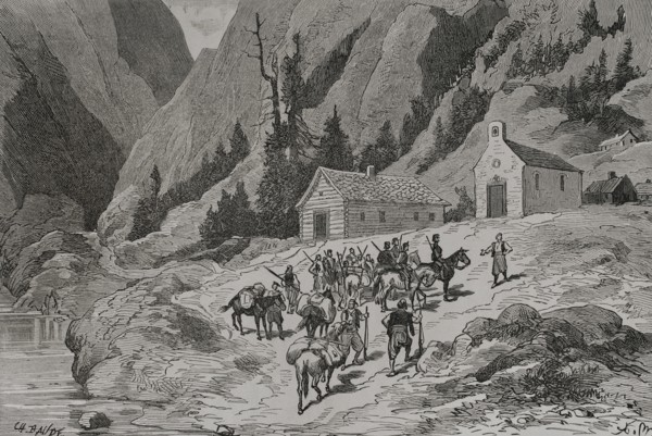 Russo-Turkish War (1877-1878). Mirditor chiefs inspecting mountain cottages. Engraving by Charles