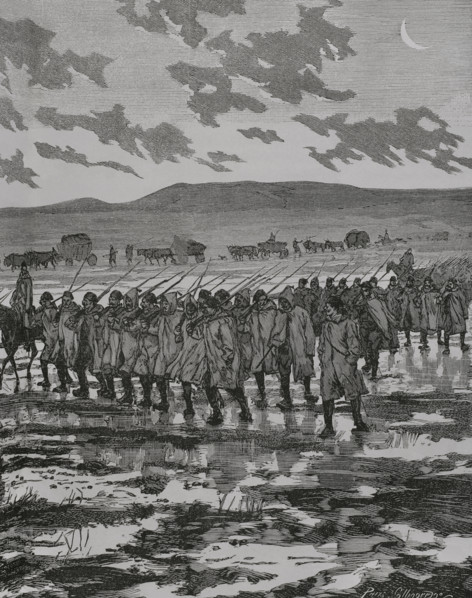 Russo-Turkish War (1877-1878). Turkish infantry column crossing the Dobrutscha swamps. Engraving by