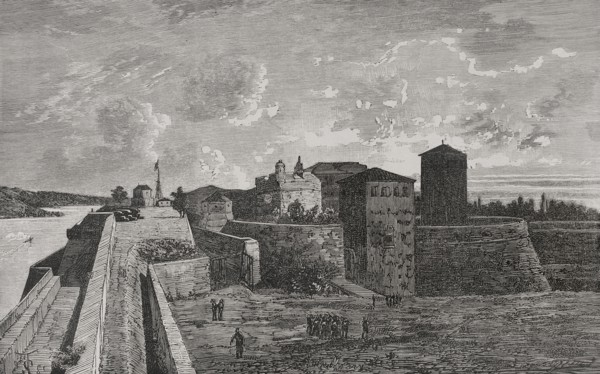Vidin, Bulgaria. Baba Vida Fortress. Engraving. ""La Guerra de Oriente"" (The Russo-Turkish War).