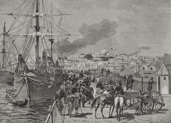 Russo-Turkish War (1877-1878). Embarkation of artillery on the Turkish ship Medjidie. Engraving by