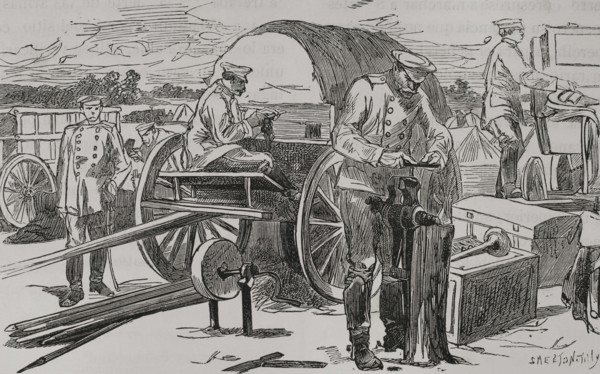 Russo-Turkish War (1877-1878). Russian camp. Field military workshop of the 9th Corps. Engraving by