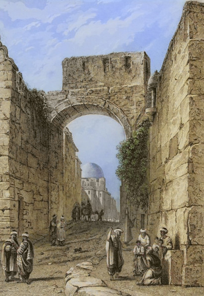 Jerusalem. View of a city street. Entrance to the Mount of Temple. Engraving by Ransonnette. Later