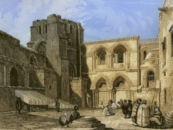 Jerusalem. Church of the Holy Sepulchre. Engraving by Emile Rouargue. Later colouration. ""La