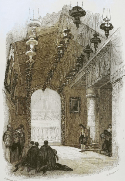 Bethlehem. Shrine of the Nativity. Engraving by Emile Rouargue. Later colouration. ""La Tierra
