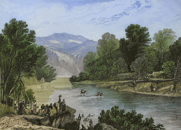 Banks of the Jordan River. Engraving by Aubert. Later colouration. ""La Tierra Santa y los lugares