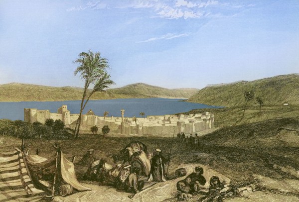 Tiberias and the Sea of Galilee. Engraving by Emile Rouargue. Later colouration. ""La Tierra Santa