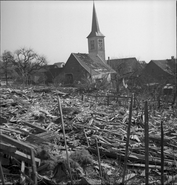WW 2: bombing Rafz 1945. front: debris of the Siegrist's house