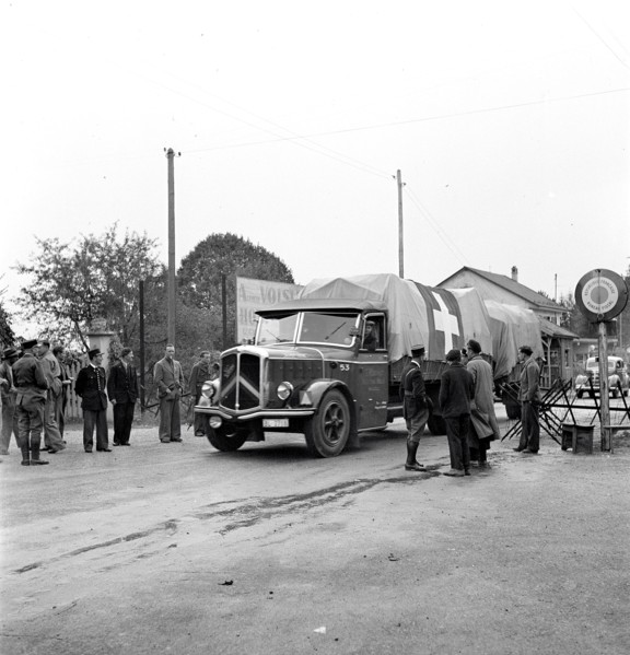Swiss trucks crossing the border. 1944