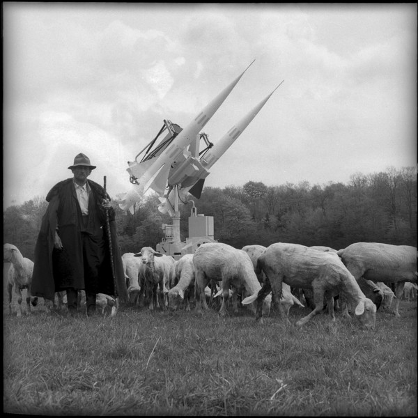 Flock of sheep with Contraves air defense rockets, Zurich 1958