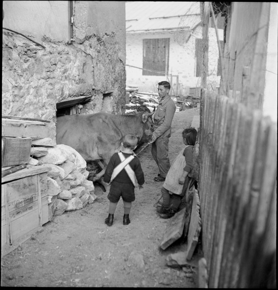 Woman doing laundry at fountain, 1946