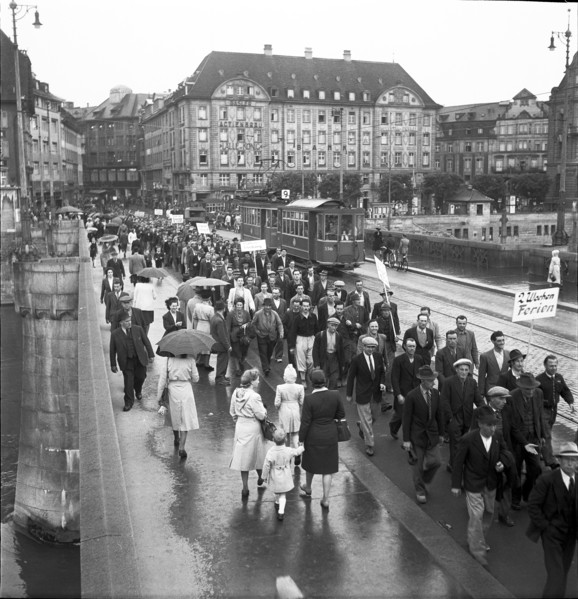 Construction workers on strike for better working conditions, 1947