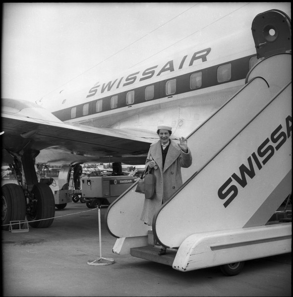 Rita Huelin, guest of the WHO at Zurich Airport in 1958