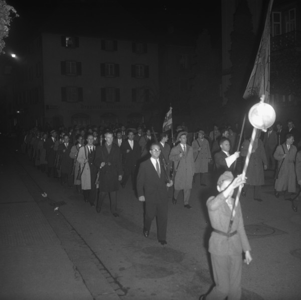 Torchlight procession at the fair in Rheinfelden, 1959.