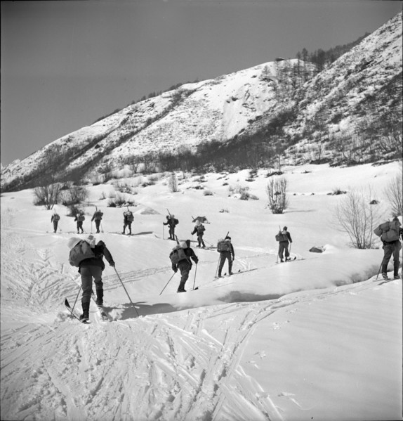 Soldiers ski-hiking  in the Lötschental; 1940.