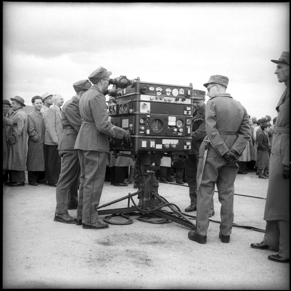 Soldiers at controls for anti aircraft guided arm, Berne 1951.