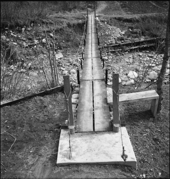 Suspension bridge for pedestrian near La Roche 1948.