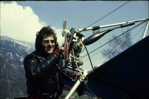 Marco Broggi with his microlight, 1980.