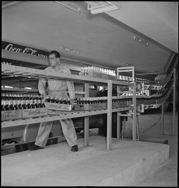 Coca-Cola, worker, bottling plant Zurich, 1949.