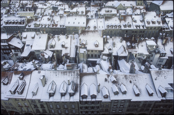 Snow-covered roofs of Bernese old town 1980.