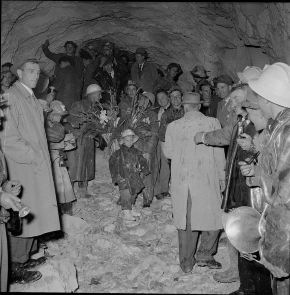 Tunnel breakthrough between Fionnay and Riddes 1955.