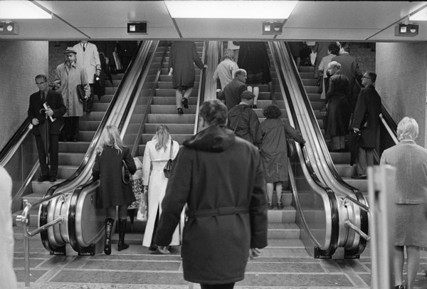 Moving stairs in the railway station passage «Shop Ville», 1970.