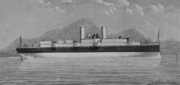 Nueva Esmeralda"". Warship built in England for the Chilean Navy. Drawing by Cortellini Sanchez.