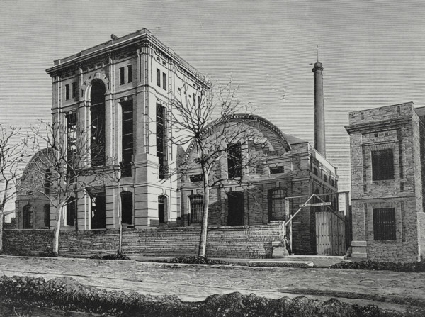 History of Spain. Barcelona, Catalonia. Exterior view of the industrial alcohols factory of Folch,