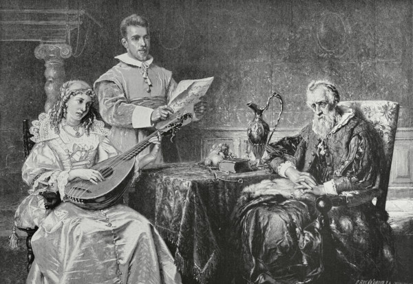 De muziekles (The music lesson). Engraving by Brend'amour (1831-1915) after the painting by the