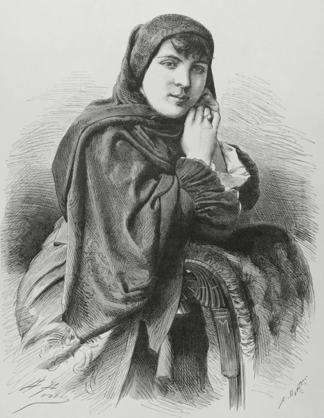 Chilean lady wearing dress for church. Drawing by Alfredo Perea. Engraving by Arturo Carretero