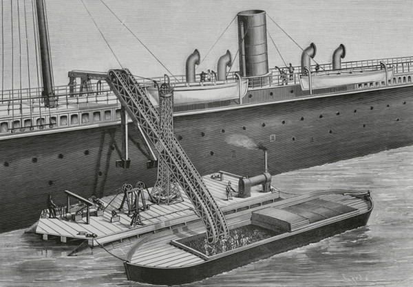 Floating coal elevator. Designed and constructed by James Rigg, a British engineer from Chester. It