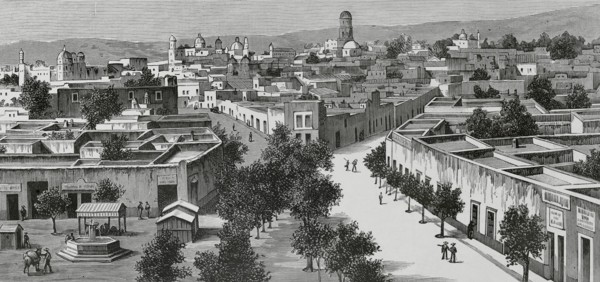Queretaro, Mexico. Panoramic view of the city. Drawing by Nao. Engraving. La Ilustracion Espanola y