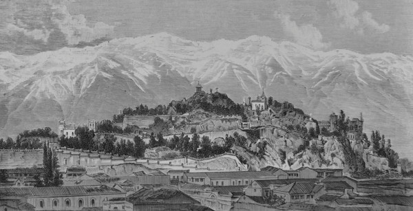 Santiago (Santiago de Chile), Chile. Santa Lucia Hill and snowy mountain range. Engraving. La
