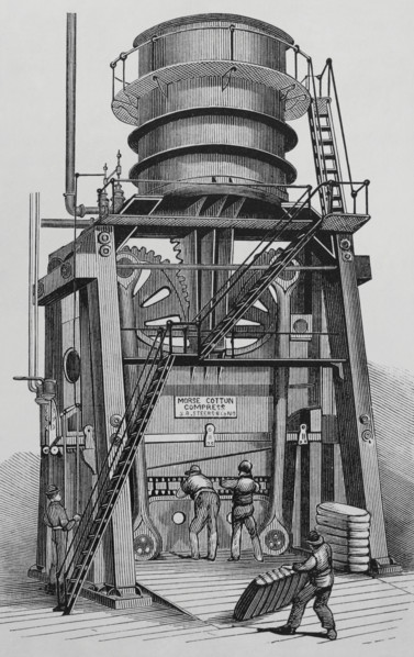 The Morse cotton baling press. John H. Ladd and Co. New York, United States. Mechanical press