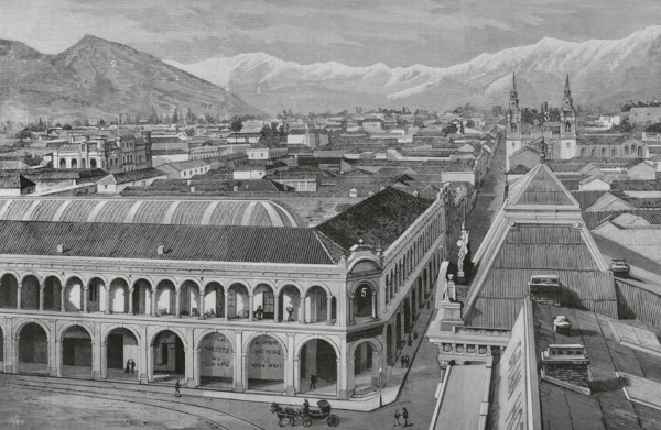 Santiago (Santiago de Chile), Chile. Partial view of the city and the nearby hills. 1: hill called