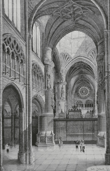 Spain. Burgos Cathedral. Inside view. Crossing. Drawing by Antonio Hebert. Engraving by Severini.