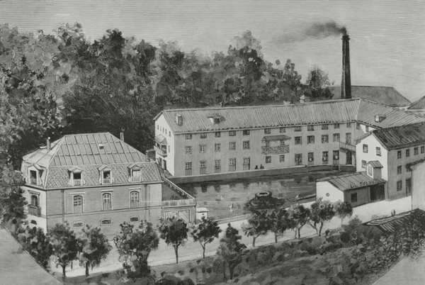 History of Spain. Tolosa, Basque Country. Exterior view of the paper mill ""La Tolosana"". Drawing